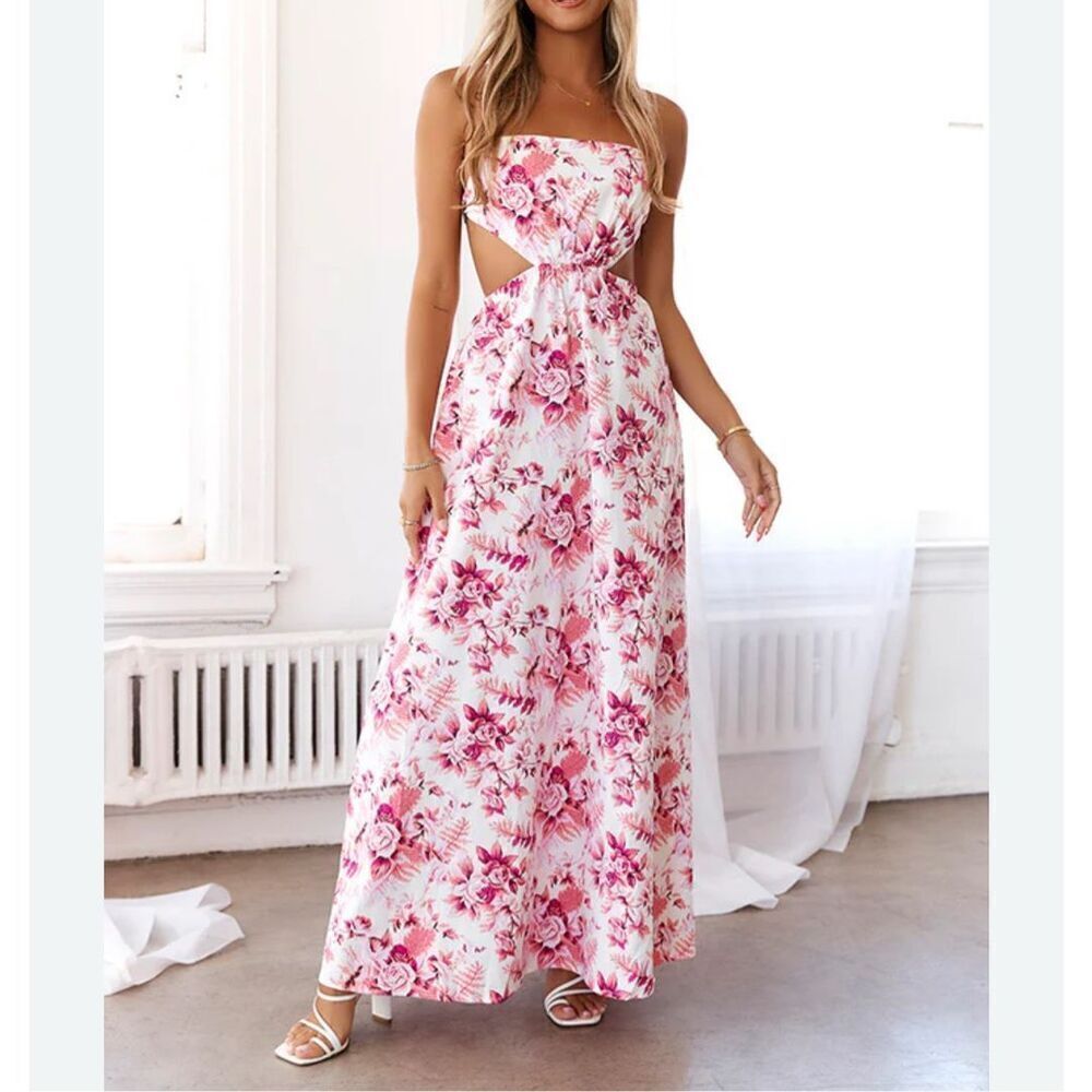 NWT Hello Molly White Pink Floral Should We Go Cutout Maxi Dress Size 6